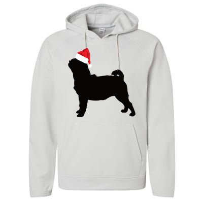 Pug Silhouette In Santa Hat Funny Christmas Dog Lover Gift Performance Fleece Hoodie