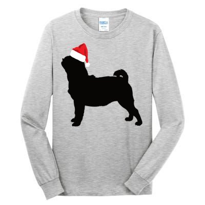 Pug Silhouette In Santa Hat Funny Christmas Dog Lover Gift Tall Long Sleeve T-Shirt