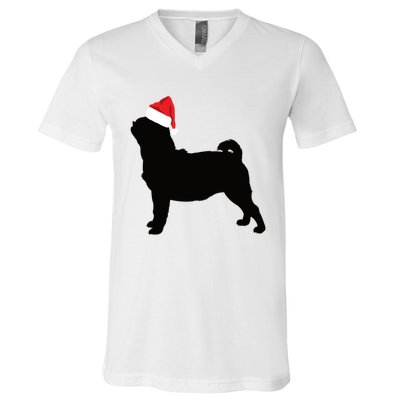 Pug Silhouette In Santa Hat Funny Christmas Dog Lover Gift V-Neck T-Shirt