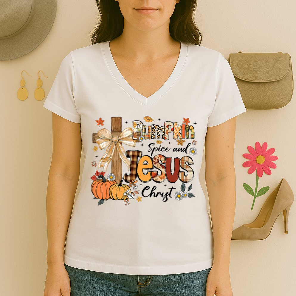 Pumpkin Spice Jesus Christ Fall Thanksgiving Women's V-Neck T-Shirt