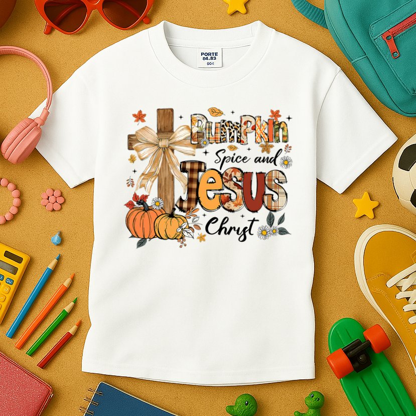 Pumpkin Spice Jesus Christ Fall Thanksgiving Kids T-Shirt