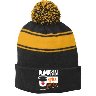 Pumpkin Spice Junkie Coffee Lover Heart Stripe Pom Pom Beanie