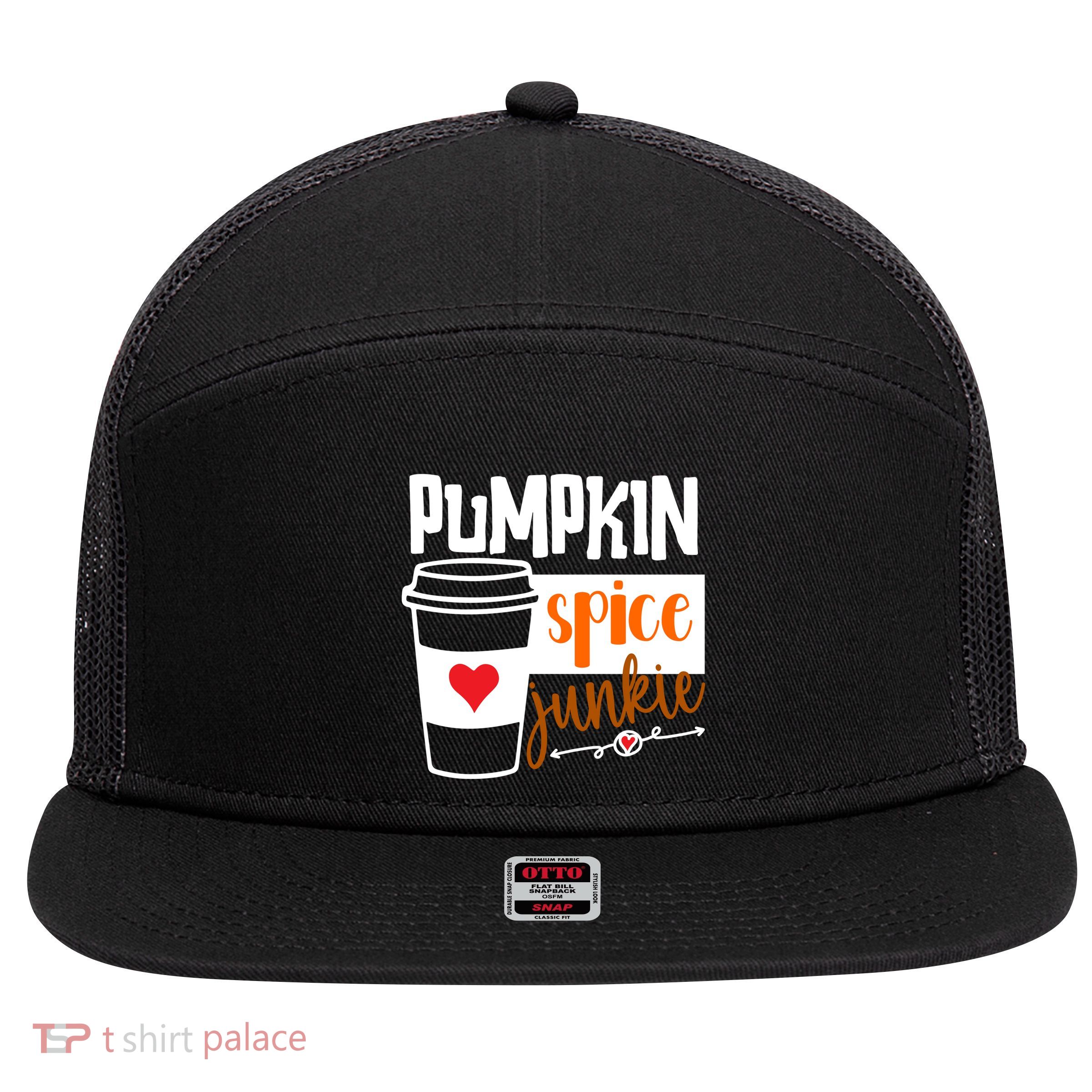 Pumpkin Spice Junkie Coffee Lover Heart 7 Panel Mesh Trucker Snapback Hat