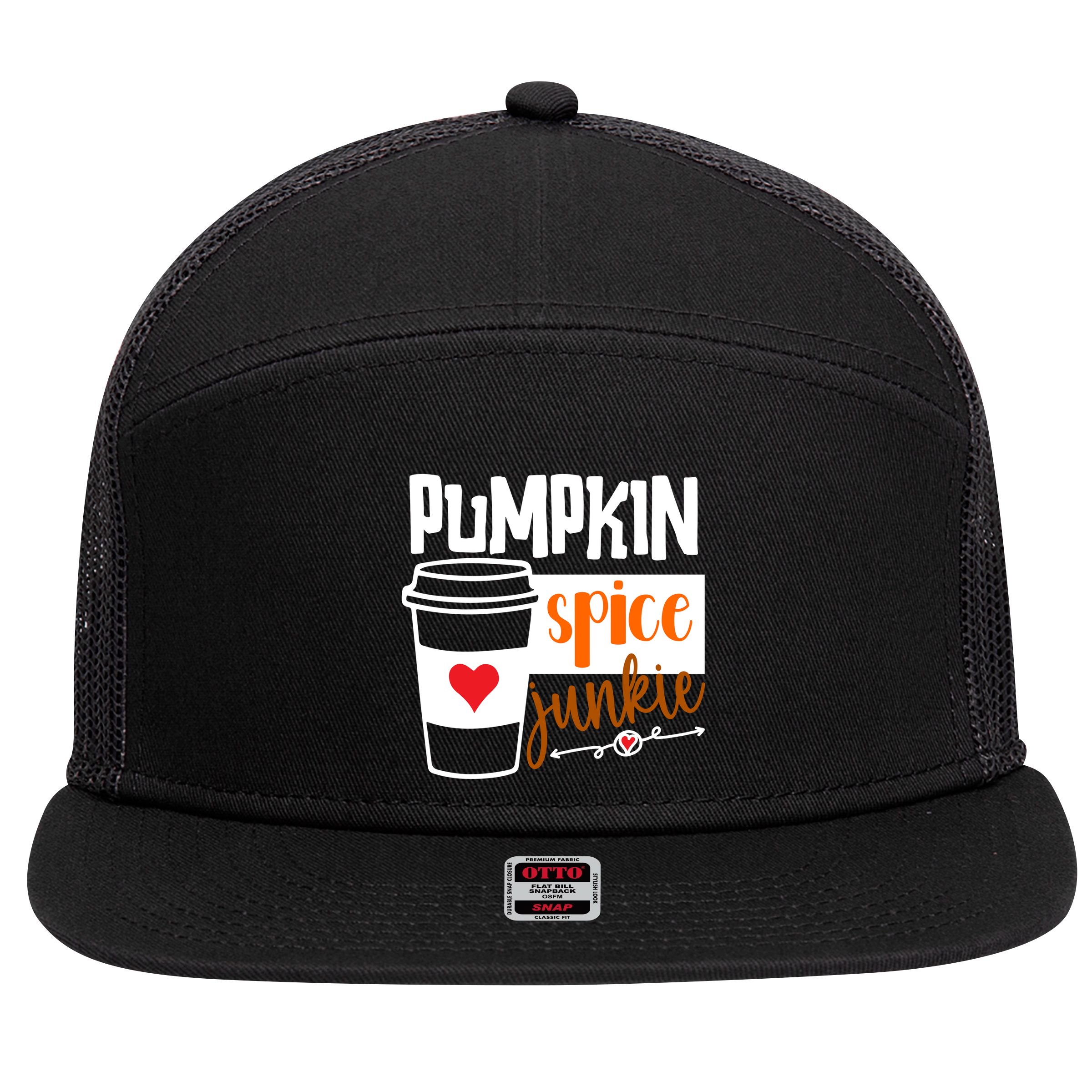 Pumpkin Spice Junkie Coffee Lover Heart 7 Panel Mesh Trucker Snapback Hat