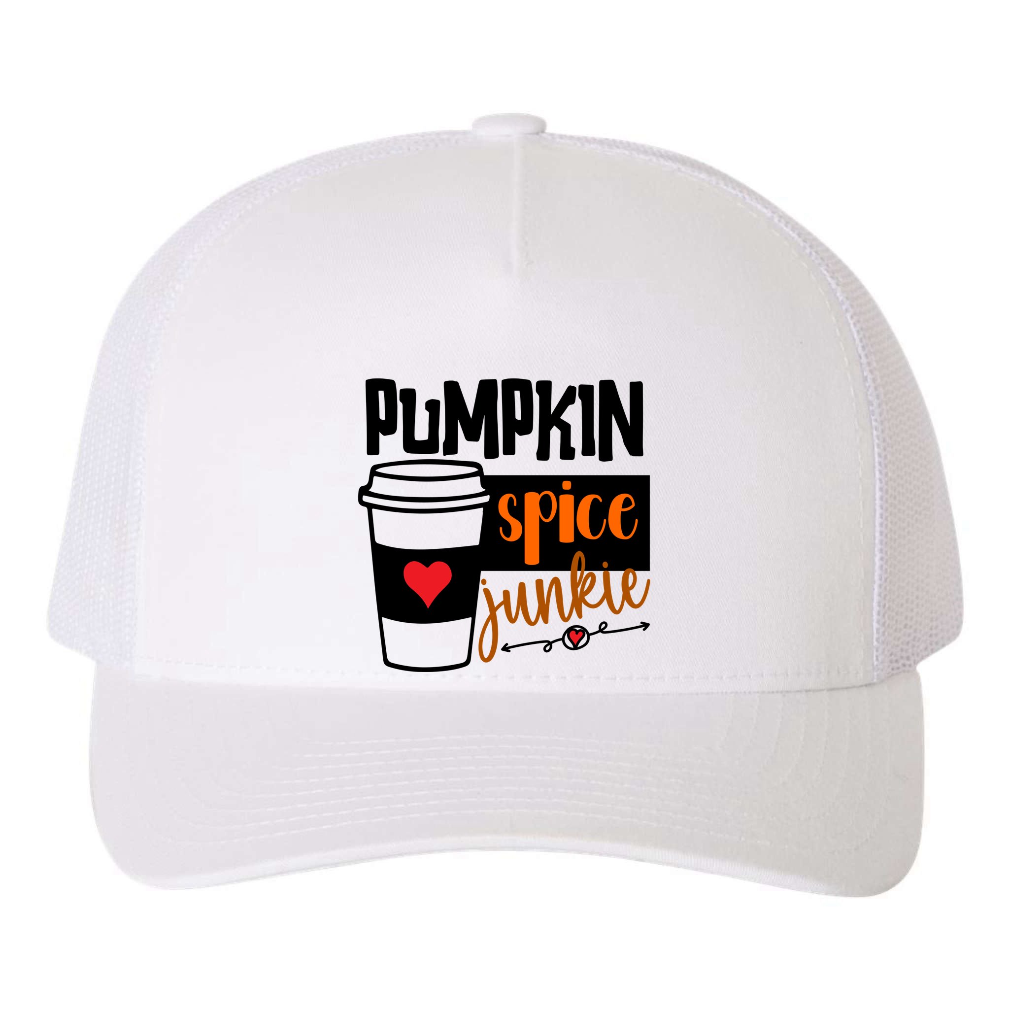 Pumpkin Spice Junkie Coffee Lover Heart Yupoong Adult 5-Panel Trucker Hat