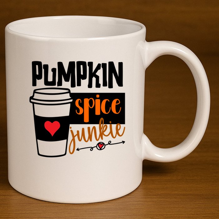 Pumpkin Spice Junkie Coffee Lover Heart 11oz C Handle Ceramic Mug