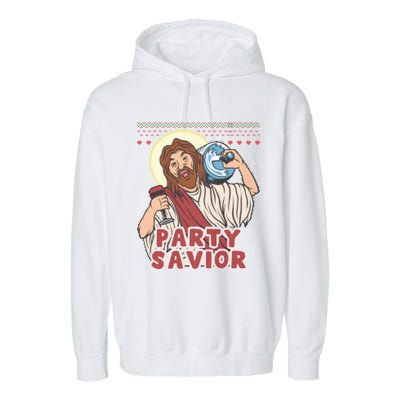 Party Savior Jesus Christ Santa Beer Ugly Christmas Sweater Great Gift Garment-Dyed Fleece Hoodie