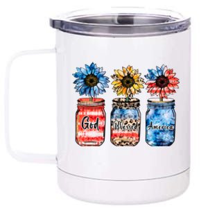 Patriotic Sunflowers Jars 4th July Gift God Bless America Cool Gift 12 oz Stainless Steel Tumbler Cup