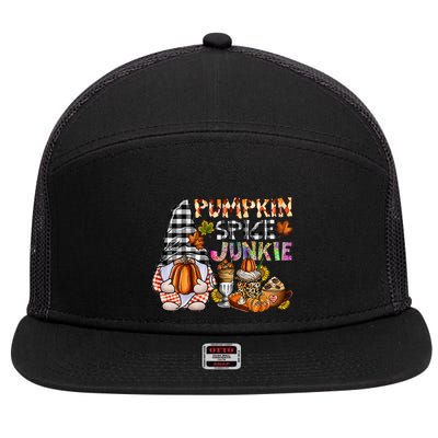 Pumpkin Spice Junkie Autumn Gnome Fall Thanksgiving Lover 7 Panel Mesh Trucker Snapback Hat
