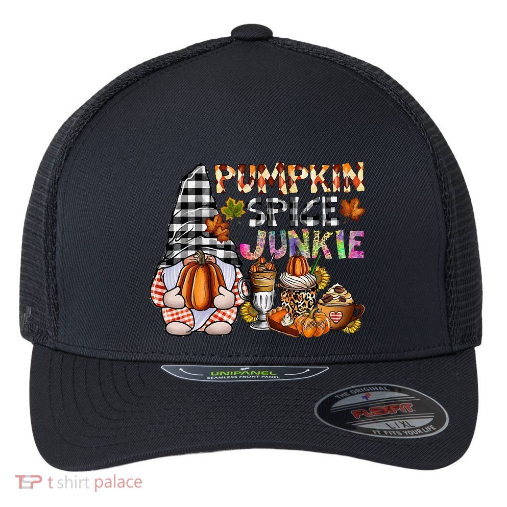 Pumpkin Spice Junkie Autumn Gnome Fall Thanksgiving Lover Flexfit Unipanel Trucker Cap