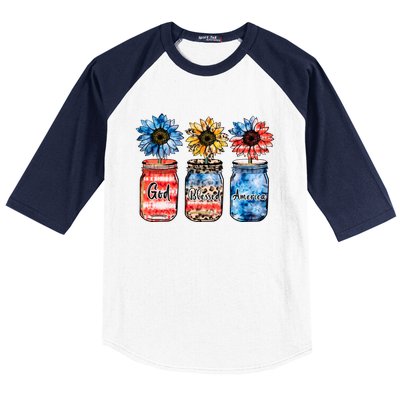 Patriotic Sunflowers Jars 4th July Gift God Bless America Gift Baseball Sleeve Shirt