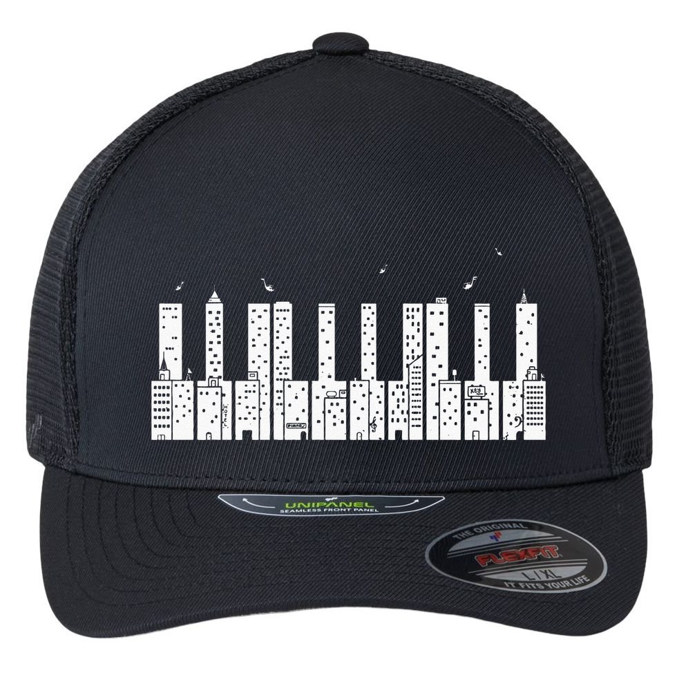 Piano Skyline Keyboard Music Flexfit Unipanel Trucker Cap