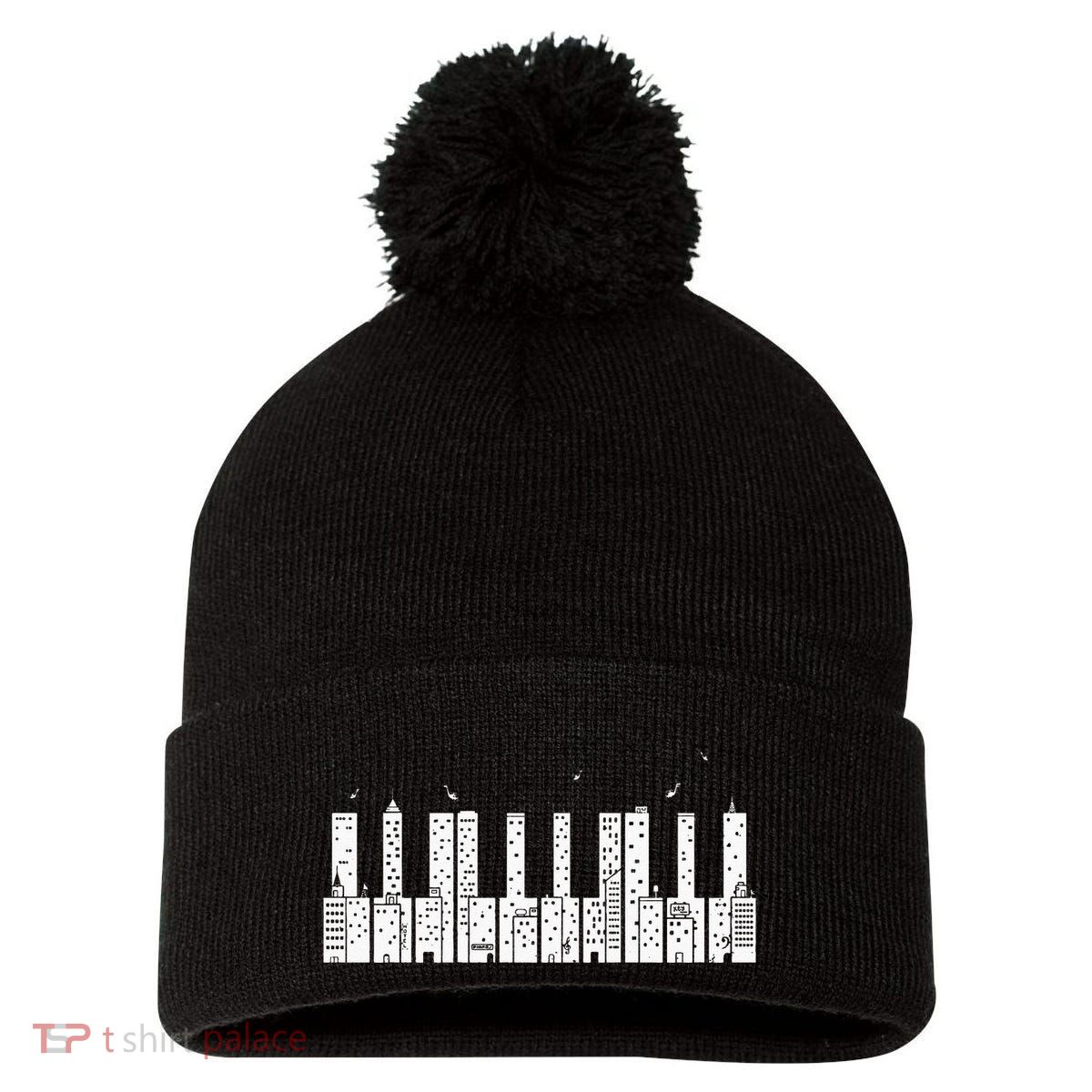 Piano Skyline Keyboard Music Pom Pom 12in Knit Beanie