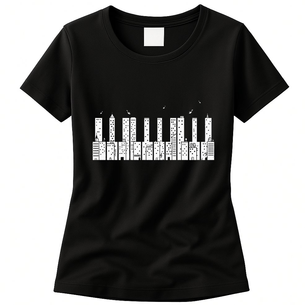 Piano Skyline Keyboard Music Womens T-Shirt
