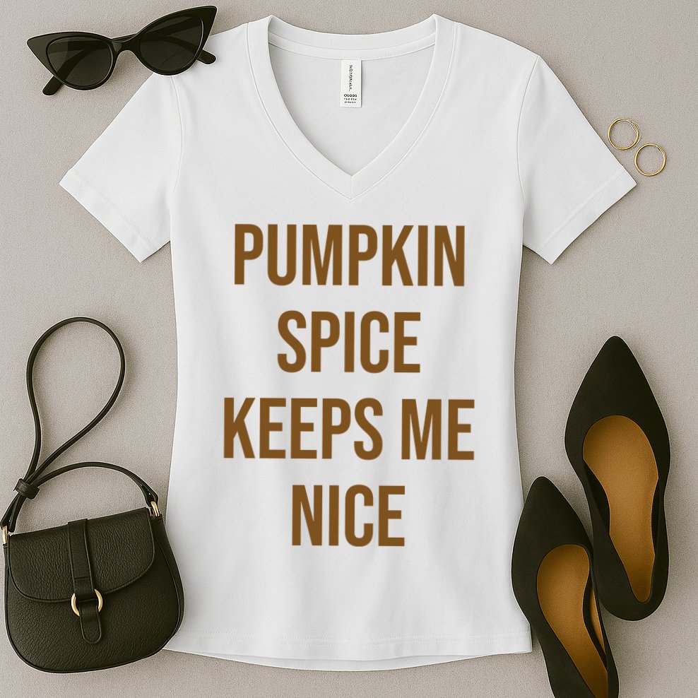 Pumpkin Spice Keeps Me Nice Funny Fall Women's V-Neck T-Shirt