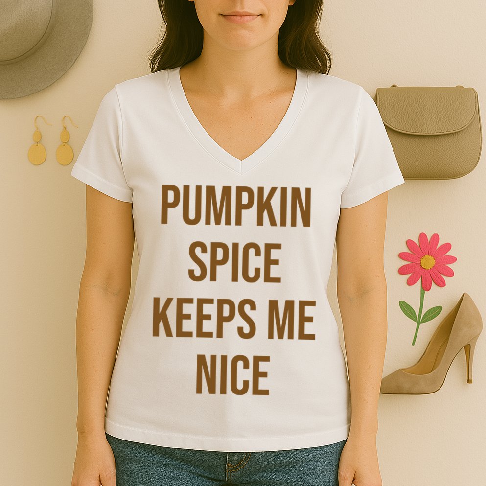 Pumpkin Spice Keeps Me Nice Funny Fall Women's V-Neck T-Shirt