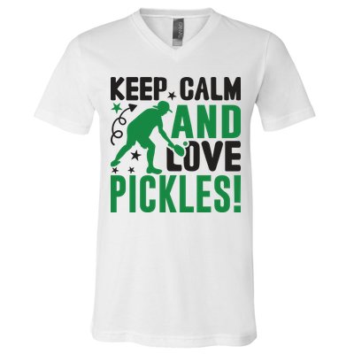 Pickleball Sport Keep Calm And Love Pickles Player Gift V-Neck T-Shirt