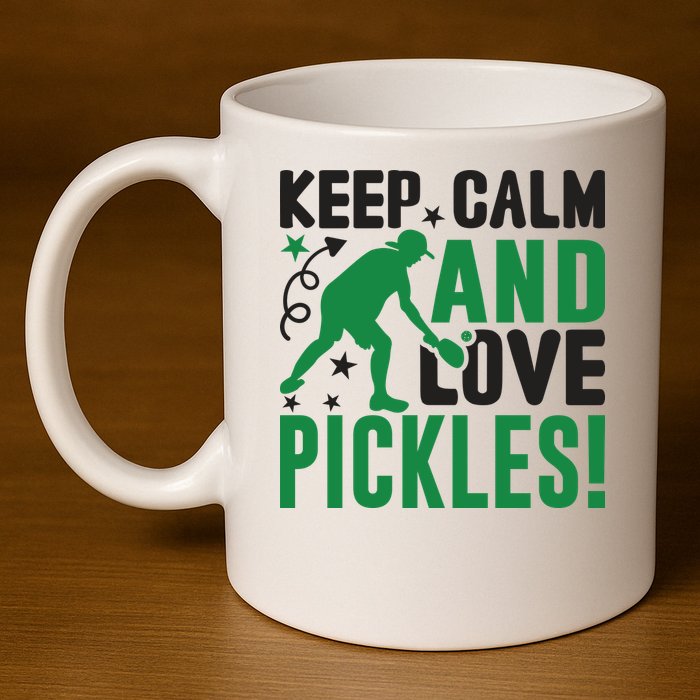 Pickleball Sport Keep Calm And Love Pickles Player Gift 11oz C Handle Ceramic Mug