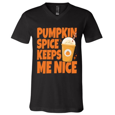 Pumpkin Spice Keeps Me Nice Coffee Lover Holiday V-Neck T-Shirt