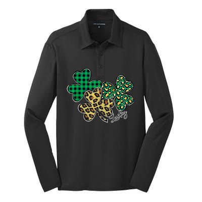 Plaid Shamrock Leopard Cheetah Lucky St Patricks Day Wo Silk Touch Performance Long Sleeve Polo