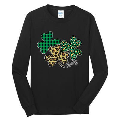 Plaid Shamrock Leopard Cheetah Lucky St Patricks Day Wo Tall Long Sleeve T-Shirt