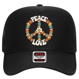 Peace Sign Love 60s 70s Costume Groovy Hippie Theme Party High Crown Mesh Back Trucker Hat