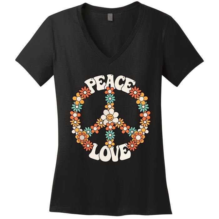 Peace Sign Love 60s 70s Costume Groovy Hippie Theme Party Women's V-Neck T-Shirt