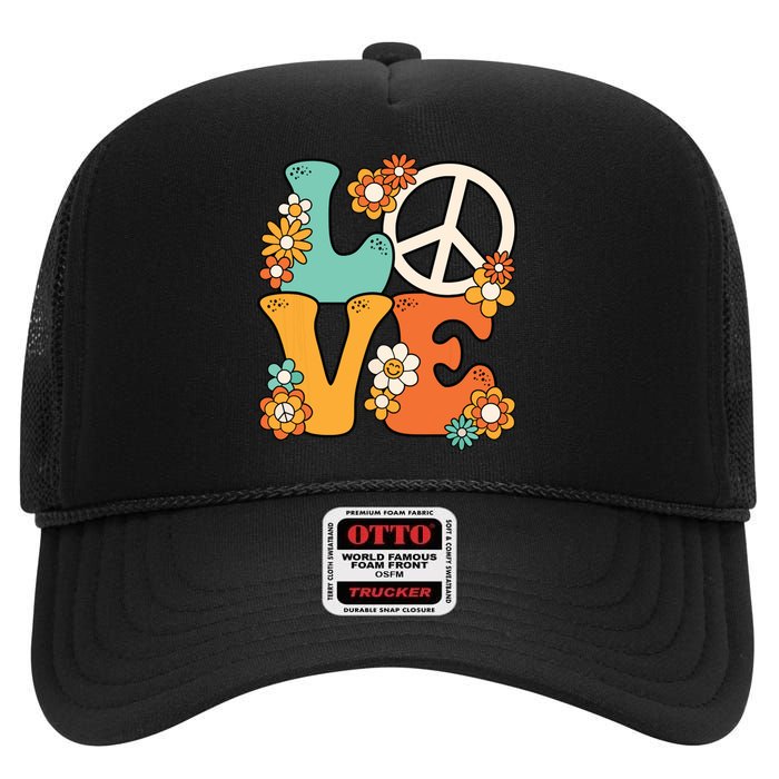 Peace Sign Love 60s 70s Costume Groovy Hippie Theme Party High Crown Mesh Back Trucker Hat