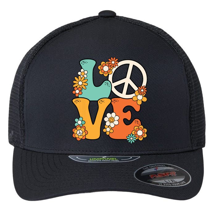 Peace Sign Love 60s 70s Costume Groovy Hippie Theme Party Flexfit Unipanel Trucker Cap