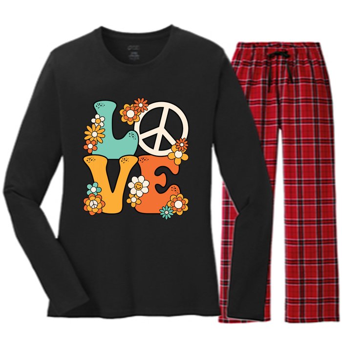 Peace Sign Love 60s 70s Costume Groovy Hippie Theme Party Women's Long Sleeve Flannel Pajama Set 