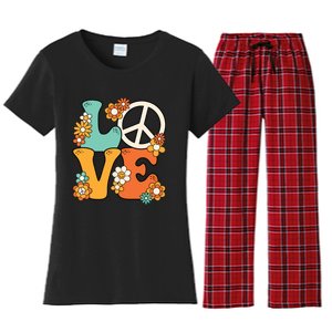 Peace Sign Love 60s 70s Costume Groovy Hippie Theme Party Women's Flannel Pajama Set