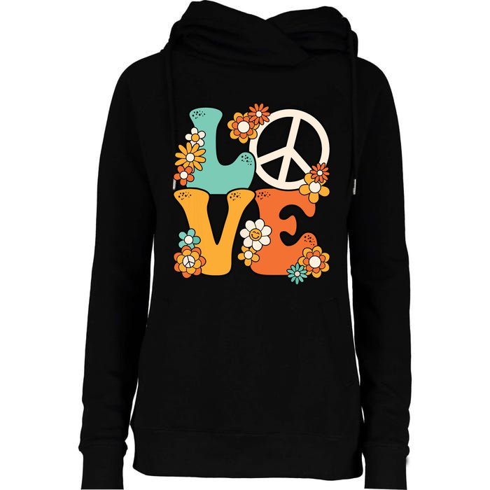 Peace Sign Love 60s 70s Costume Groovy Hippie Theme Party Womens Funnel Neck Pullover Hood