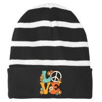 Peace Sign Love 60s 70s Costume Groovy Hippie Theme Party Striped Beanie with Solid Band