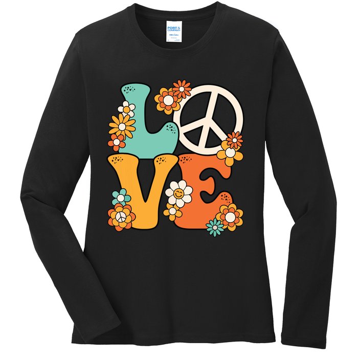 Peace Sign Love 60s 70s Costume Groovy Hippie Theme Party Ladies Long Sleeve Shirt