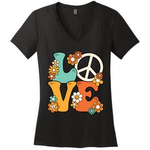 Peace Sign Love 60s 70s Costume Groovy Hippie Theme Party Women's V-Neck T-Shirt