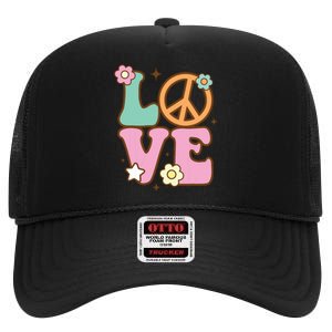 Peace Sign Love 60s 70s Costume Groovy Hippie Theme Party High Crown Mesh Back Trucker Hat