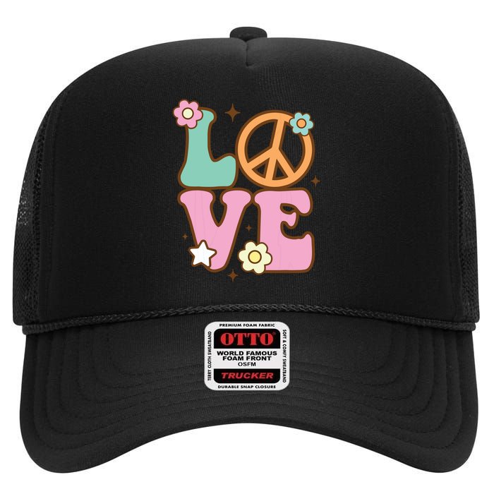 Peace Sign Love 60s 70s Costume Groovy Hippie Theme Party High Crown Mesh Back Trucker Hat