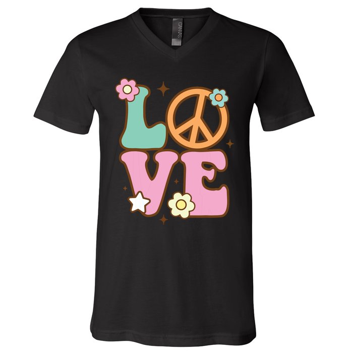 Peace Sign Love 60s 70s Costume Groovy Hippie Theme Party V-Neck T-Shirt