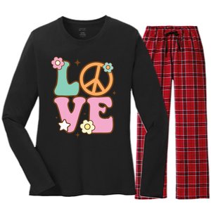 Peace Sign Love 60s 70s Costume Groovy Hippie Theme Party Women's Long Sleeve Flannel Pajama Set 