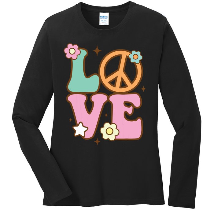 Peace Sign Love 60s 70s Costume Groovy Hippie Theme Party Ladies Long Sleeve Shirt