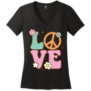 Peace Sign Love 60s 70s Costume Groovy Hippie Theme Party Women's V-Neck T-Shirt