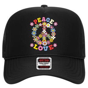 Peace Sign Love 60s 70s Hippie Costume Flowers High Crown Mesh Back Trucker Hat