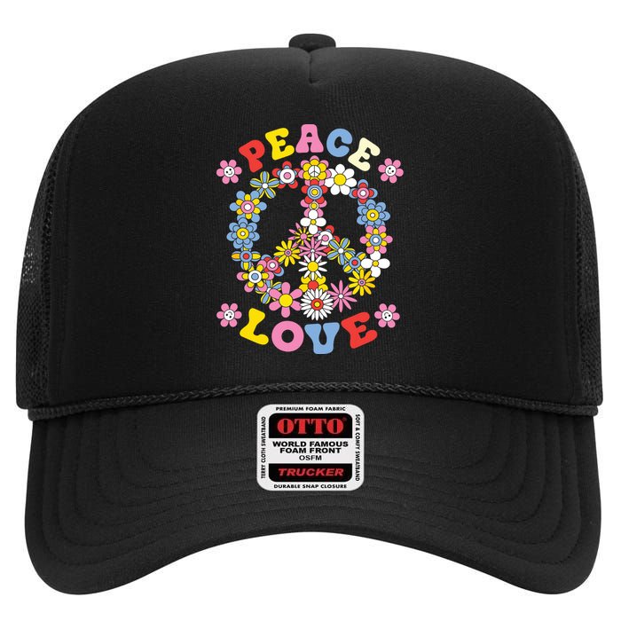 Peace Sign Love 60s 70s Hippie Costume Flowers High Crown Mesh Back Trucker Hat