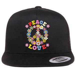 Peace Sign Love 60s 70s Hippie Costume Flowers Flat Bill Trucker Hat