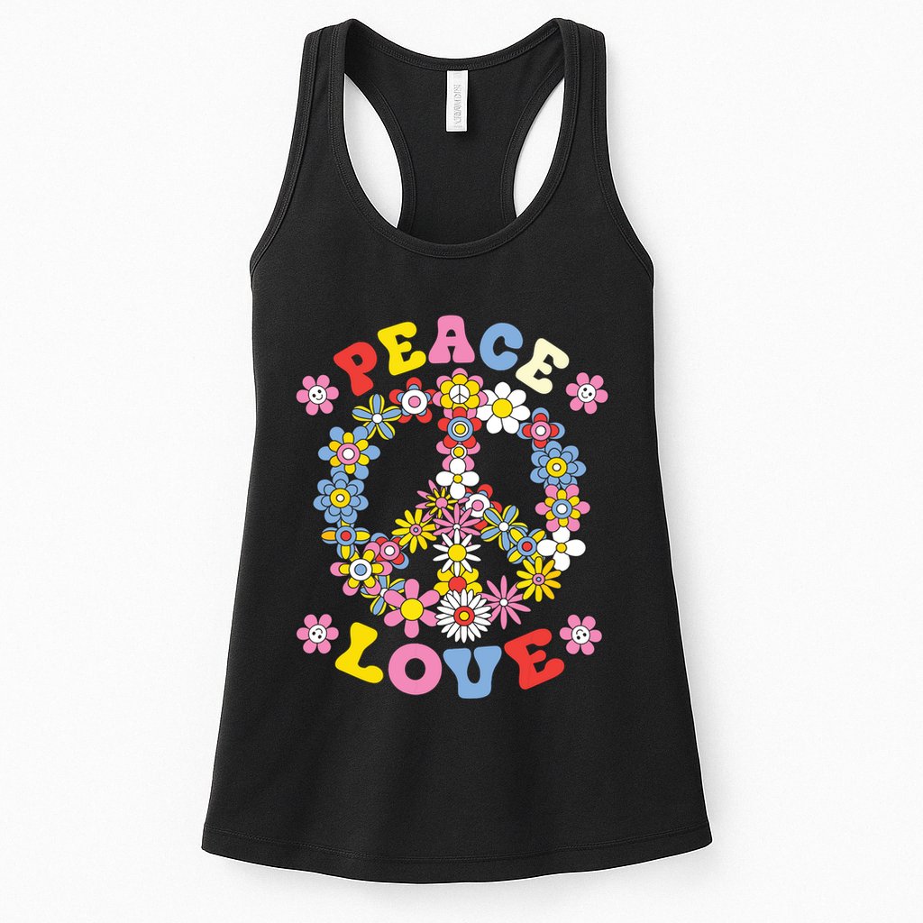 Peace Sign Love 60s 70s Hippie Costume Flowers Womens Tank Top