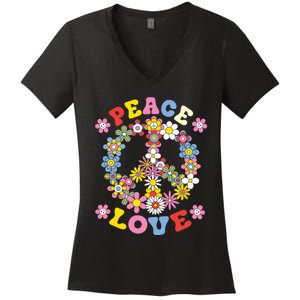 Peace Sign Love 60s 70s Hippie Costume Flowers Women's V-Neck T-Shirt