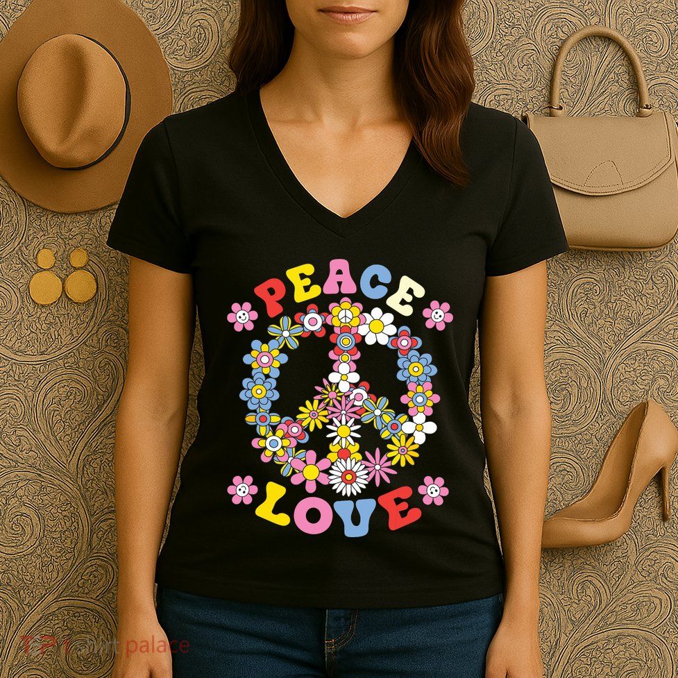 Peace Sign Love 60s 70s Hippie Costume Flowers Women's V-Neck T-Shirt