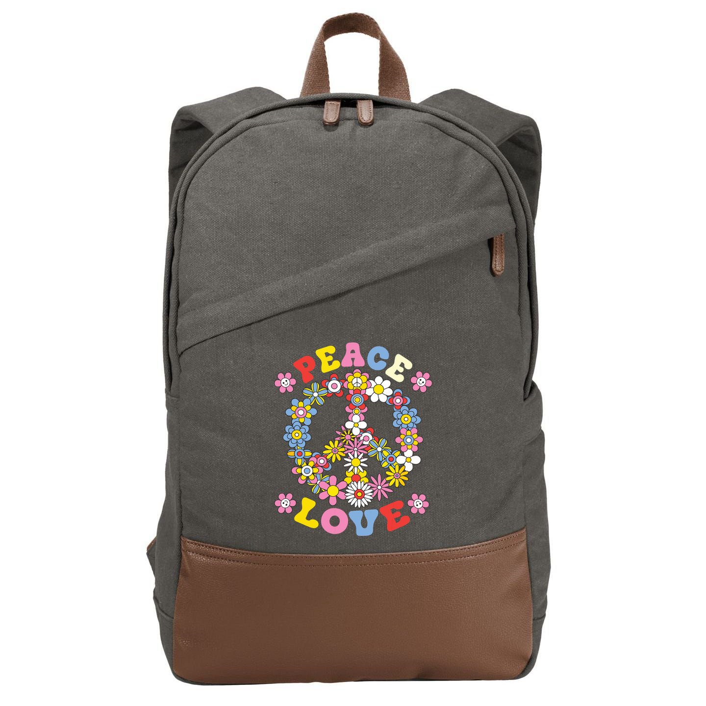 Peace Sign Love 60s 70s Hippie Costume Flowers Cotton Canvas Backpack