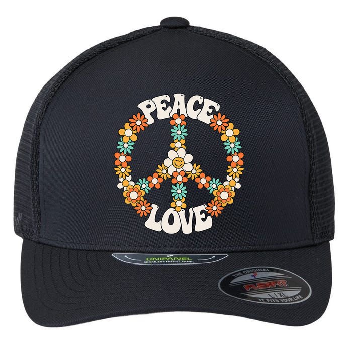 Peace Sign Love 60s 70s Costume Groovy Hippie Theme Party Flexfit Unipanel Trucker Cap