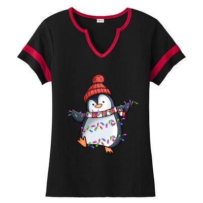 Penguin Santa Lights Christmas Pajamas Cute Penguins Xmas Funny Gift Ladies Halftime Notch Neck Tee